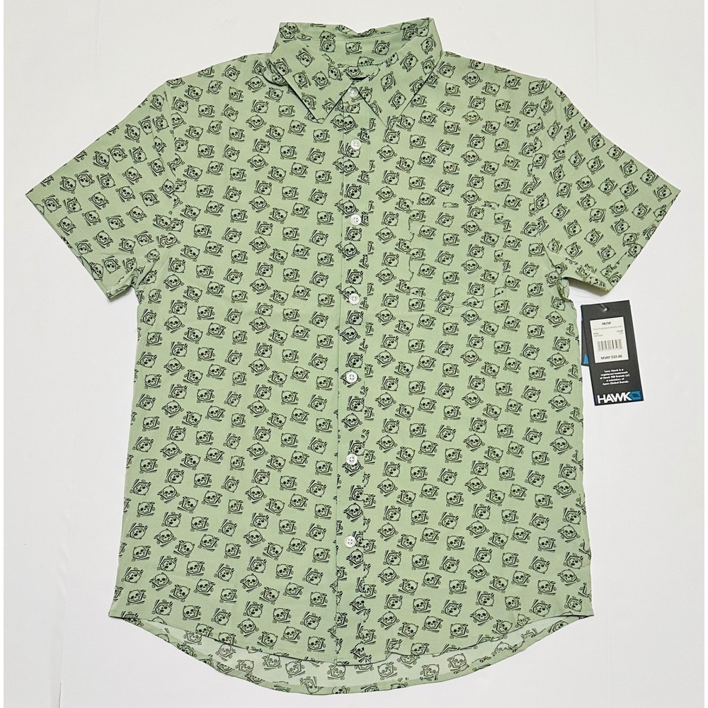 Tony Hawk Mens Medium Green Skull Print 4-Way Tech Stretch Button Down Shirt NWT